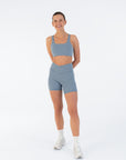  Front view of the Juniper V-Waist Shorts with matching Racerback Bra